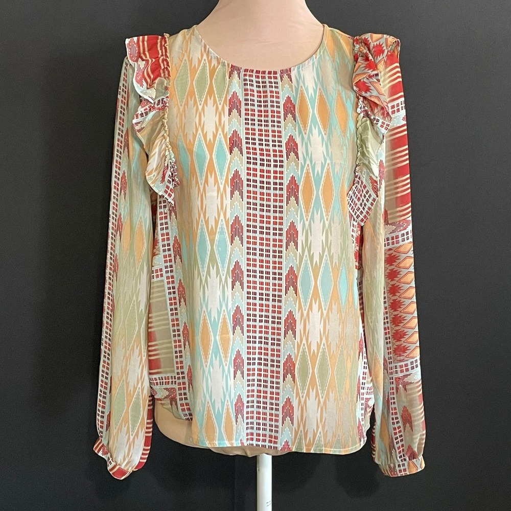 Ariat Blouse Womens Small Multicolor Excellent Southwestern Ruffle Long Sleeve